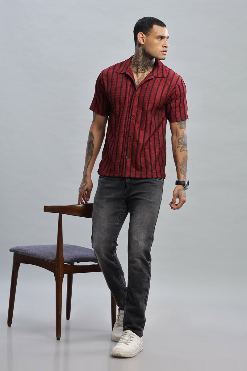 maroon black textured vertical striped shirt
