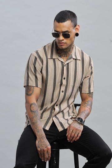 beige black textured vertical striped shirt