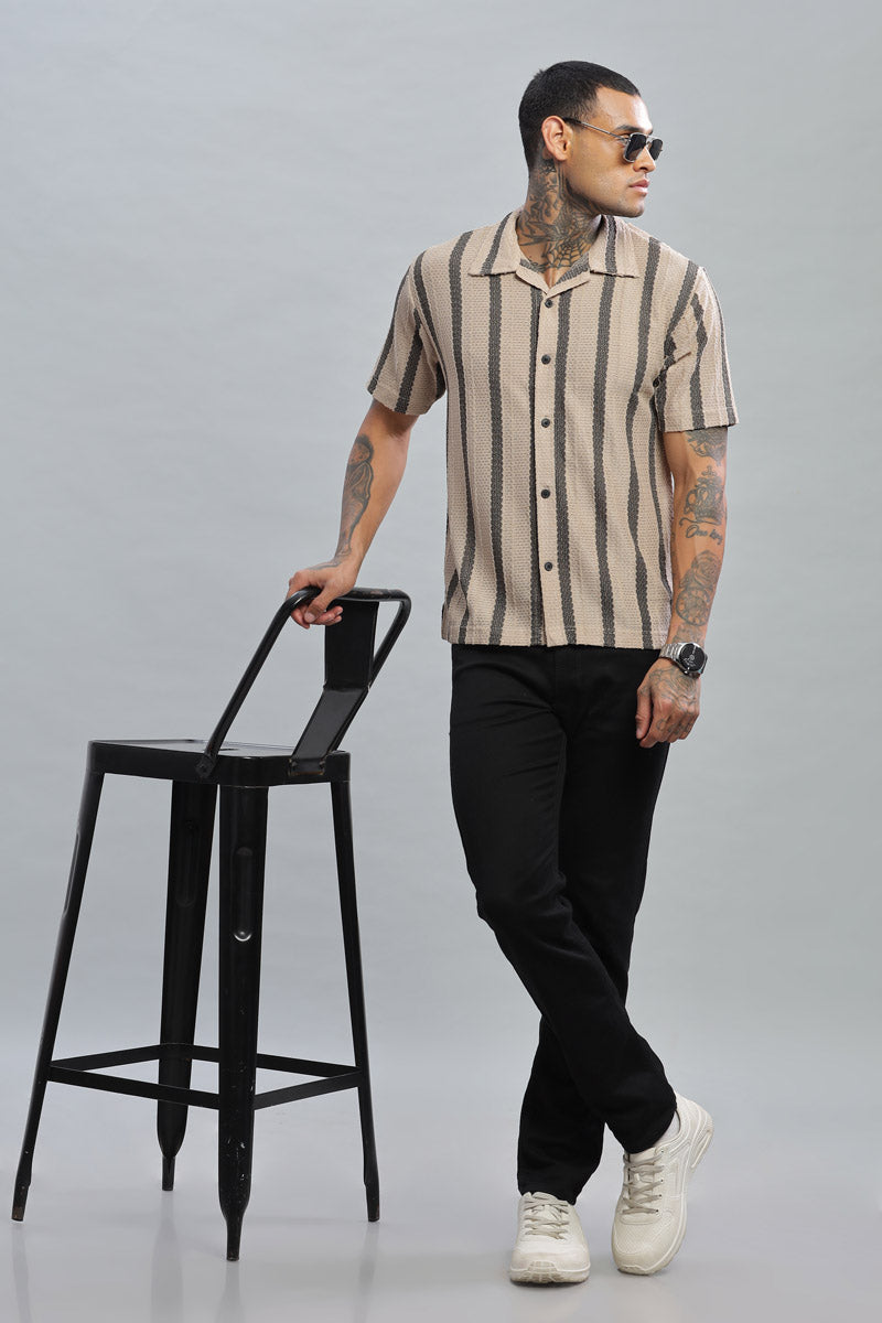 beige black textured vertical striped shirt
