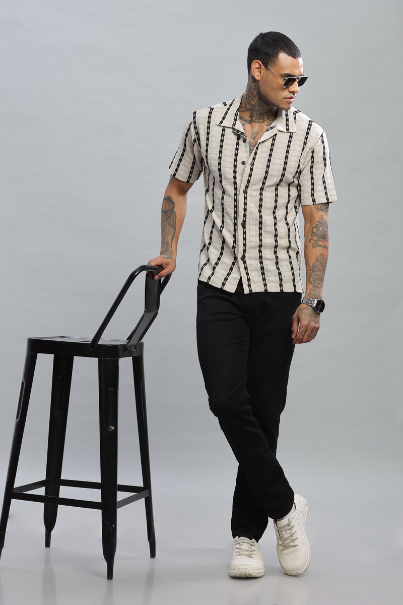 cream black textured vertical striped shirt