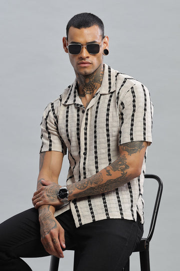 cream black textured vertical striped shirt