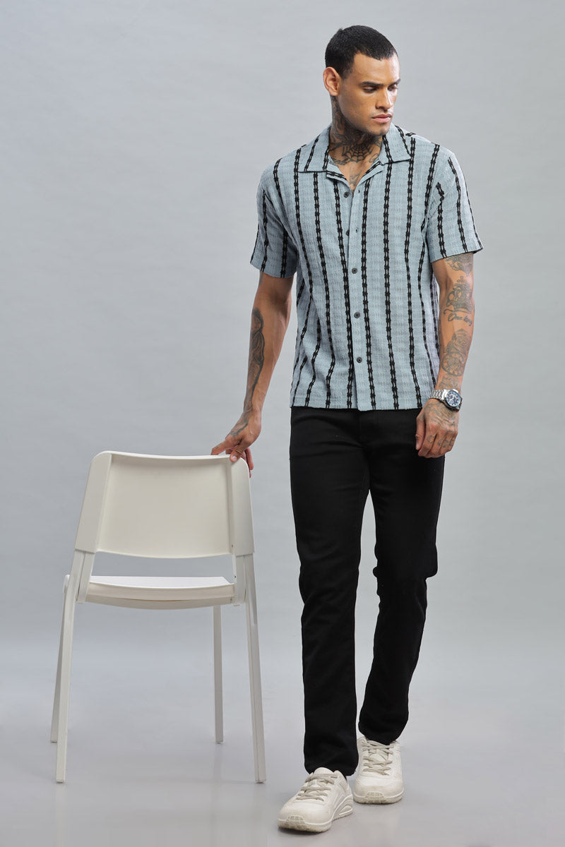 light blue black textured vertical striped shirt