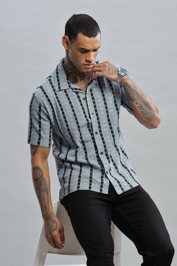 light blue black textured vertical striped shirt