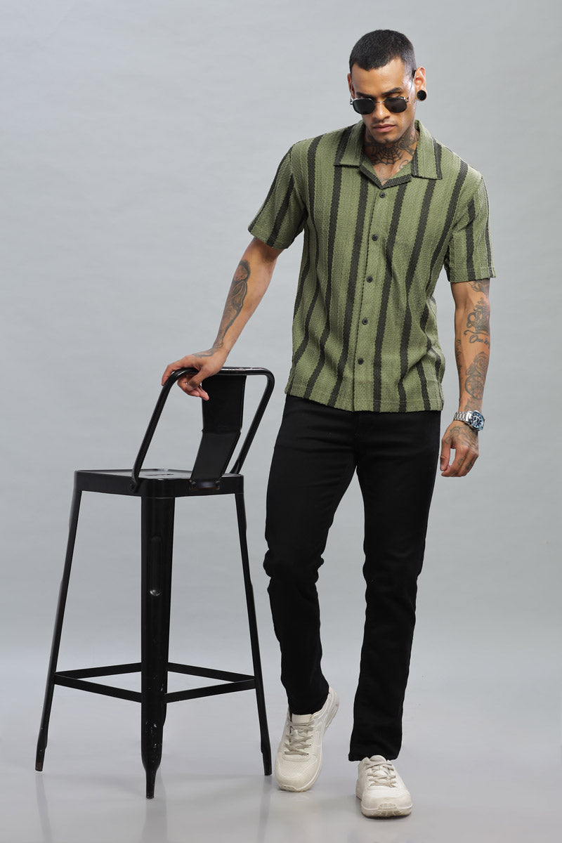 olive green black textured vertical striped shirt