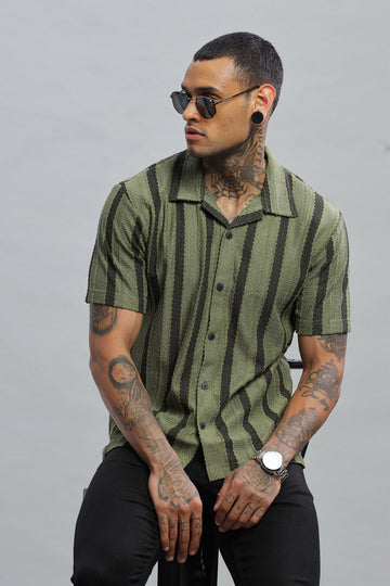 olive green black textured vertical striped shirt