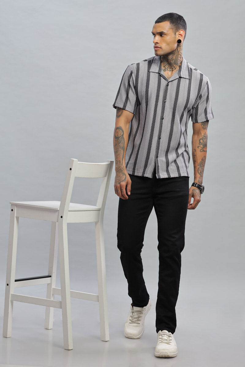 gray black textured vertical striped shirt