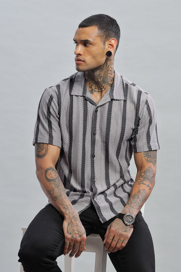 gray black textured vertical striped shirt