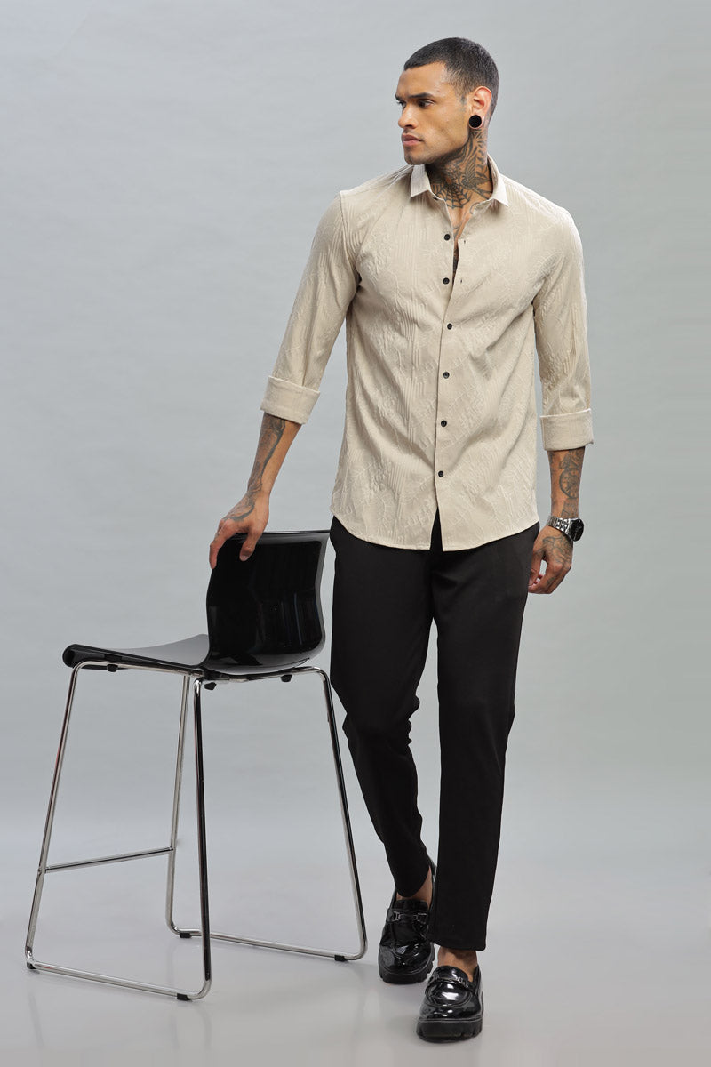 Beige Embossed Textured Long Sleeve Shirt