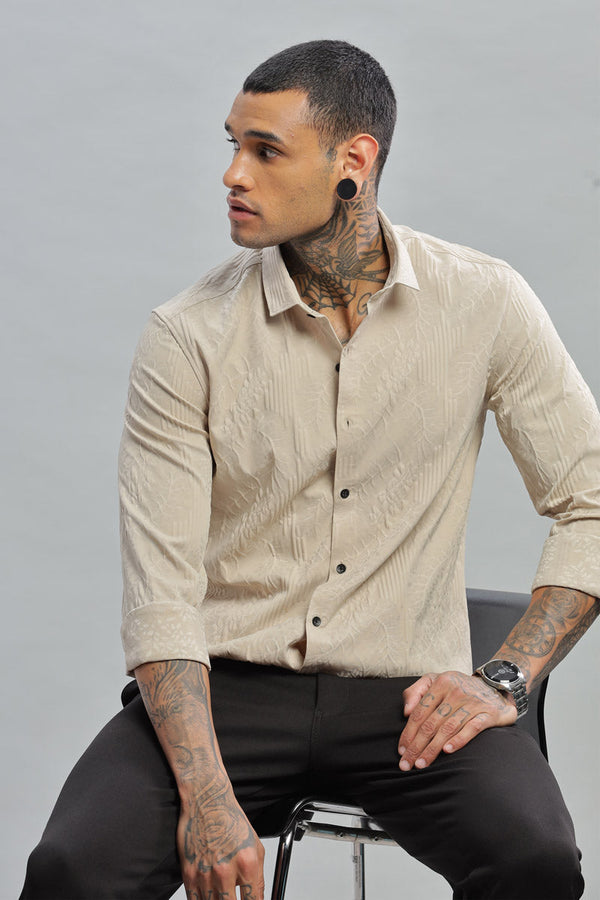 Beige Embossed Textured Long Sleeve Shirt