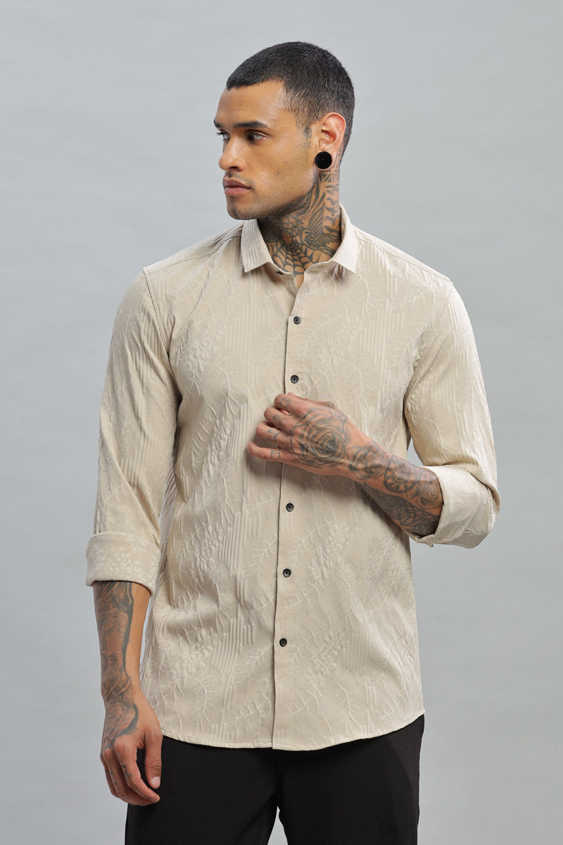 Beige Embossed Textured Long Sleeve Shirt