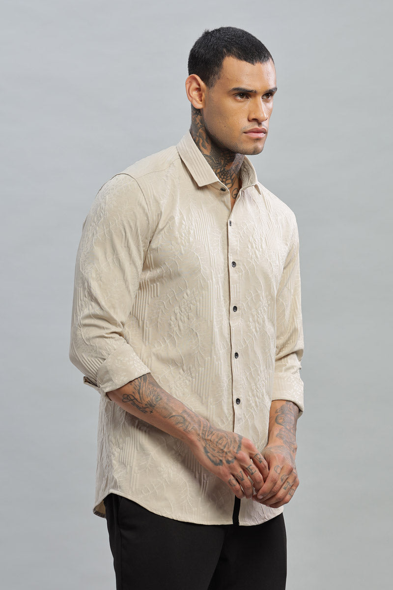 Beige Embossed Textured Long Sleeve Shirt