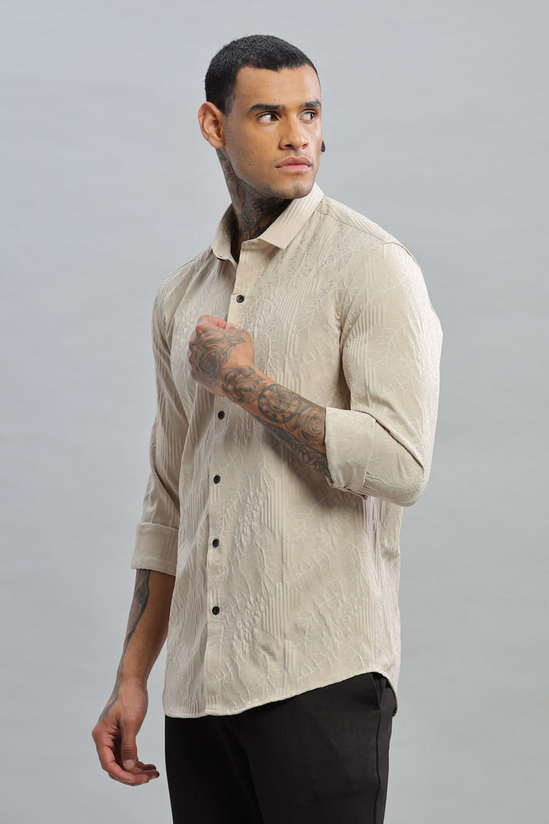 Beige Embossed Textured Long Sleeve Shirt