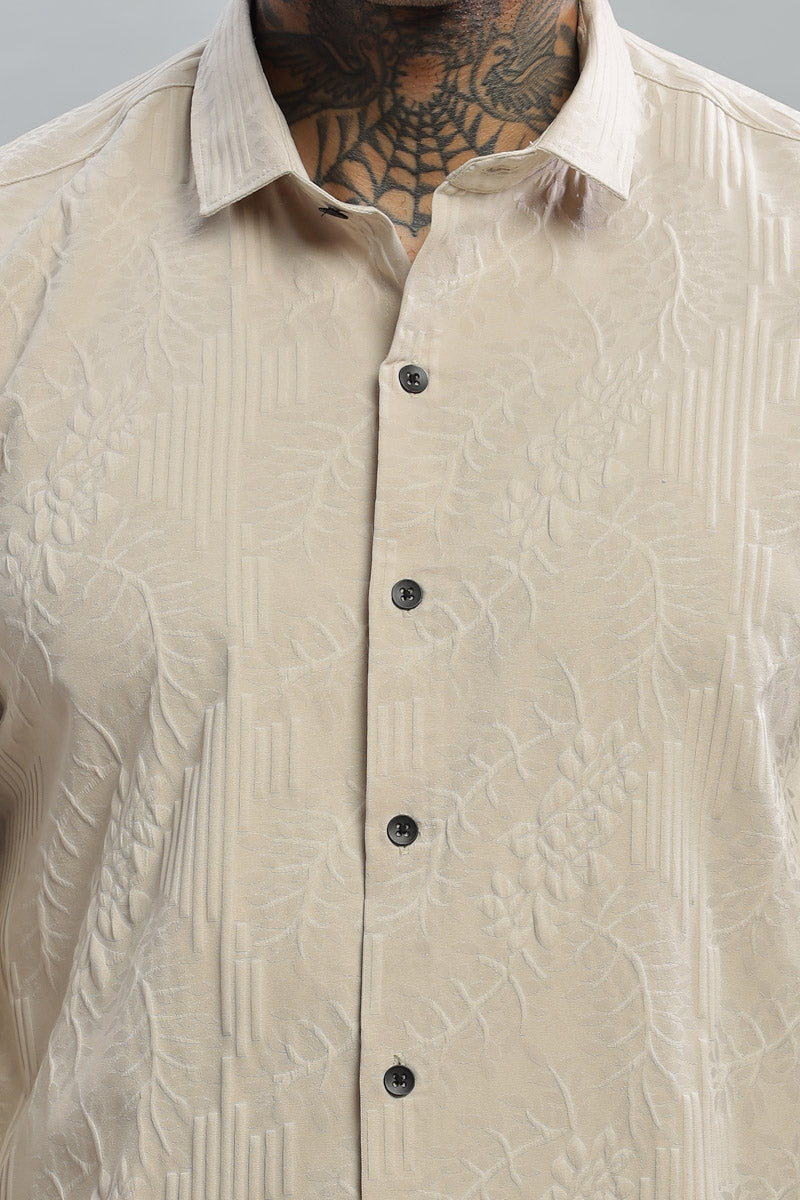 Beige Embossed Textured Long Sleeve Shirt