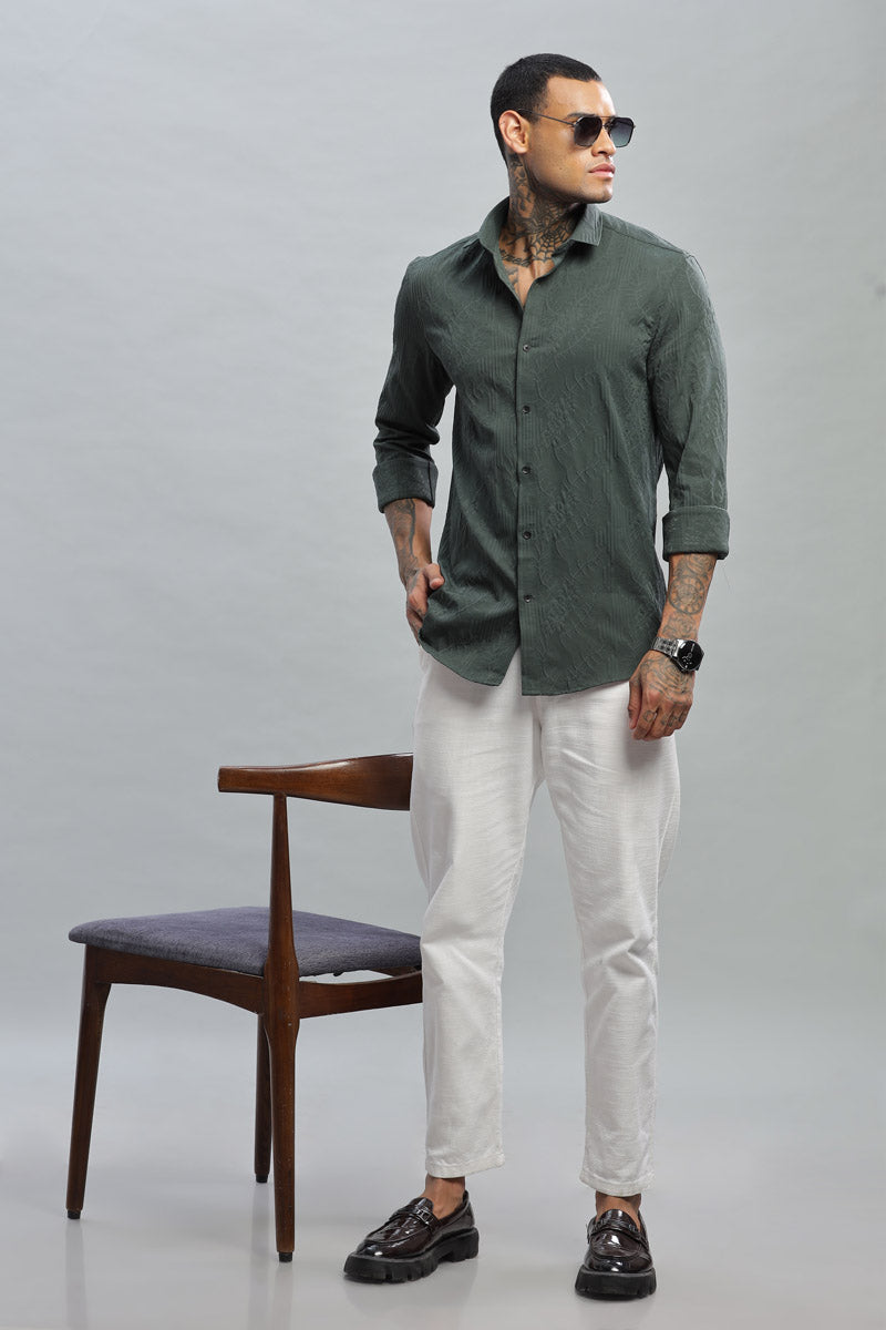 Olive Green Textured Long Sleeve Shirt