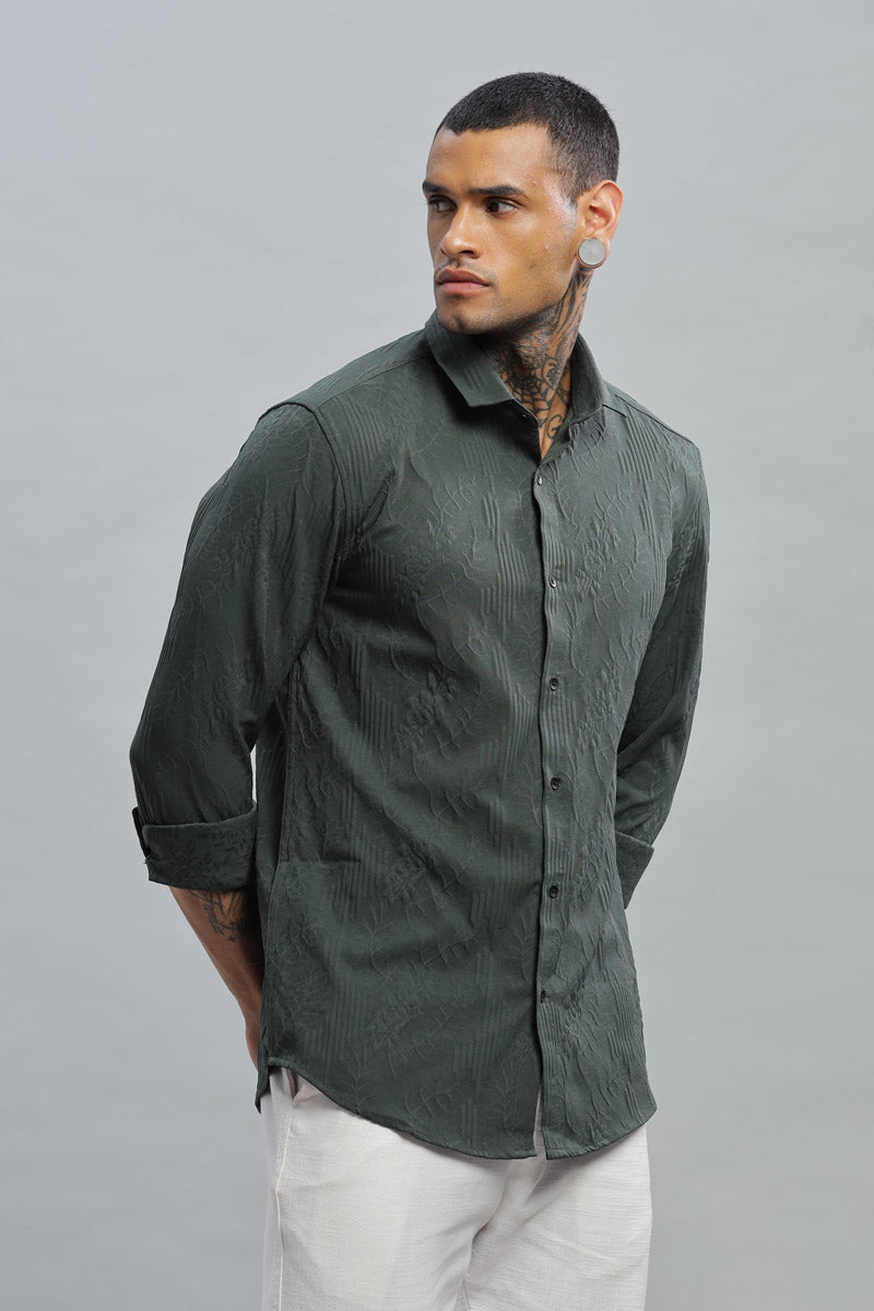 Olive Green Textured Long Sleeve Shirt