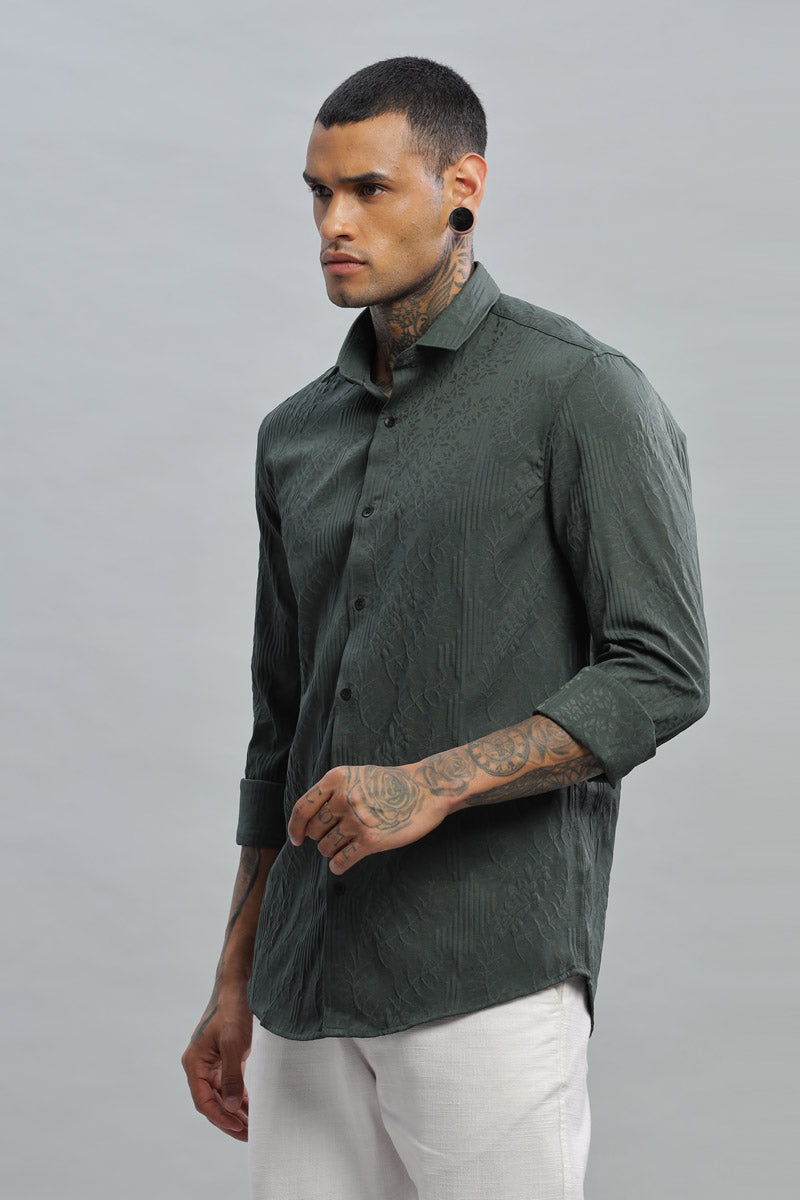 Olive Green Textured Long Sleeve Shirt