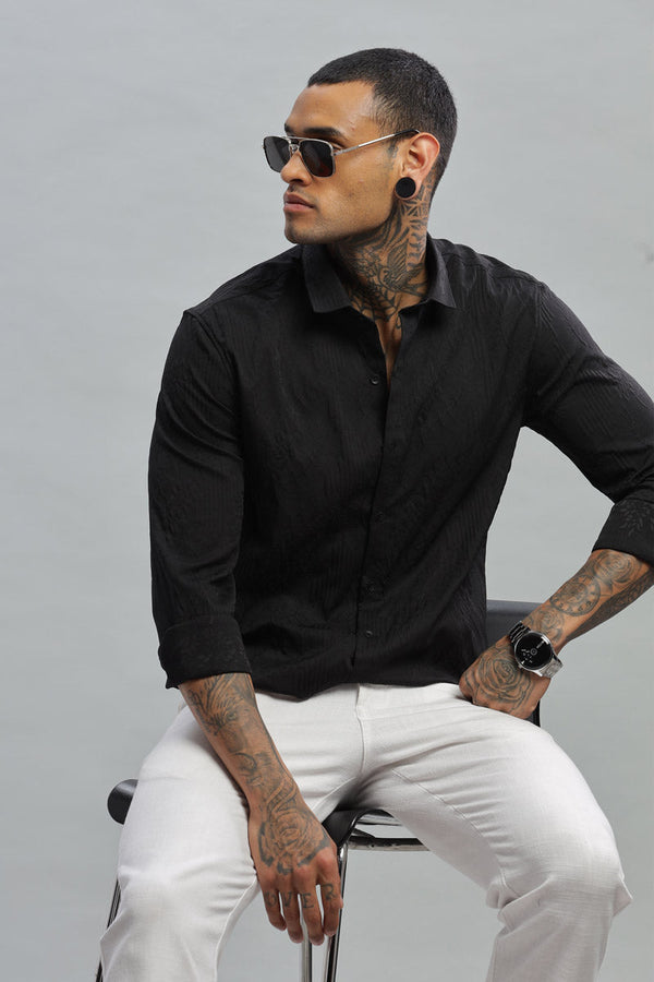 Black Embossed Textured Long Sleeve Shirt
