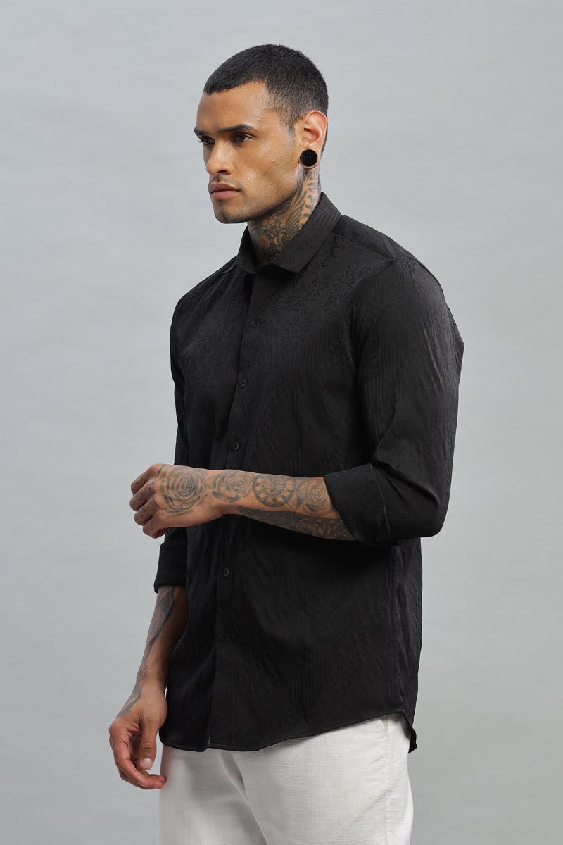Black Embossed Textured Long Sleeve Shirt