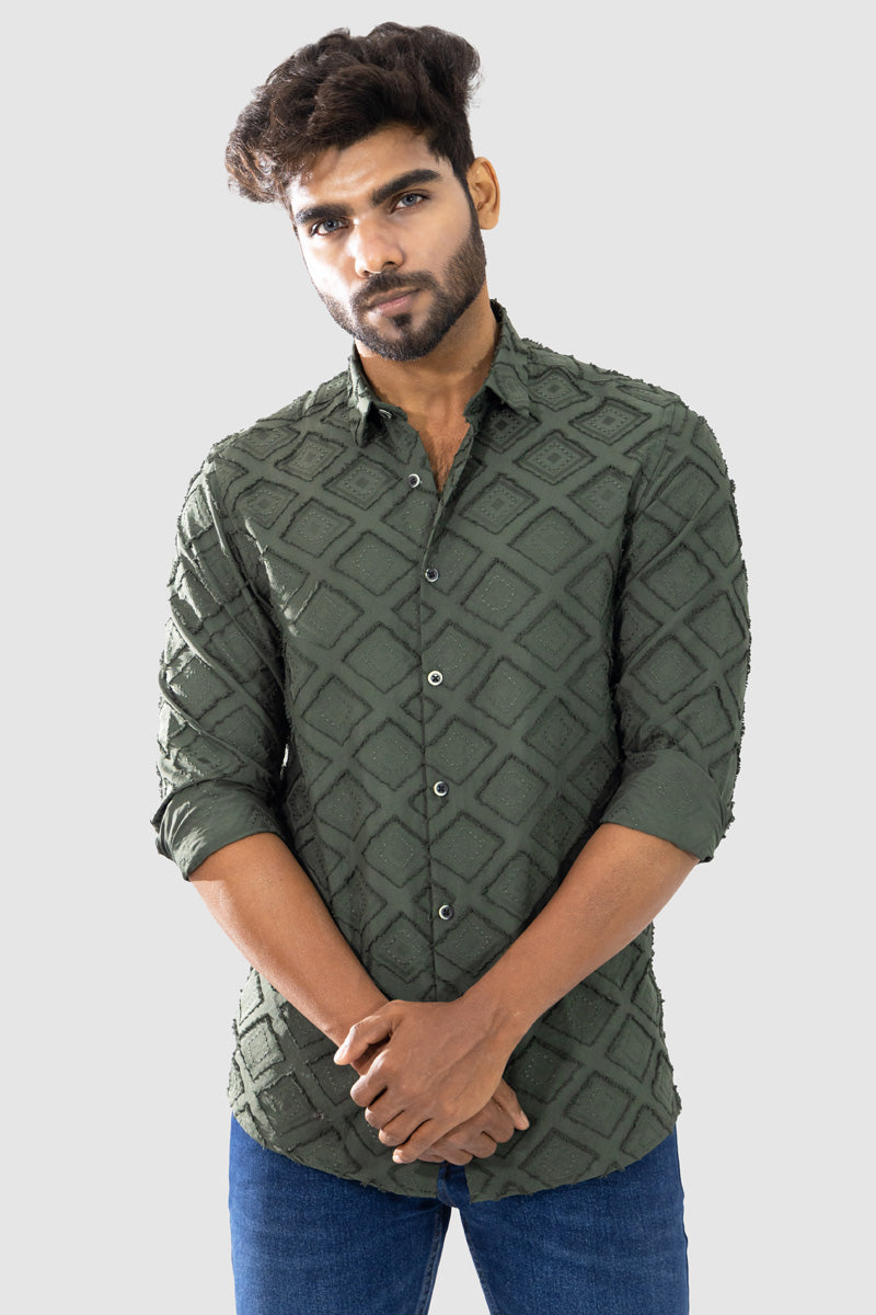 Olive Green Textured Full Sleeve Shirt