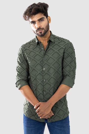 Olive Green Textured Full Sleeve Shirt