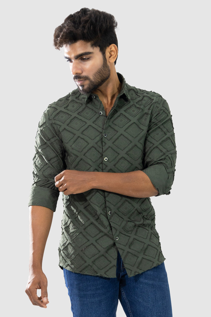 Olive Green Textured Full Sleeve Shirt