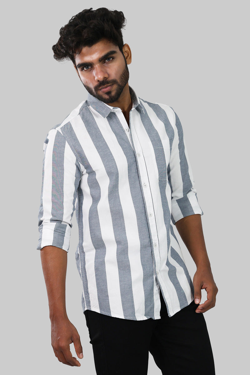 Grey & White Striped Full Sleeve Shirt