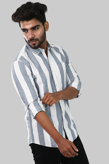 Grey & White Striped Full Sleeve Shirt