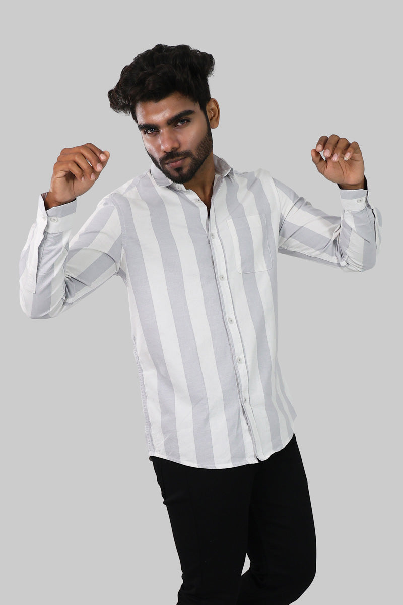 Light Grey & White Striped Full Sleeve Shirt