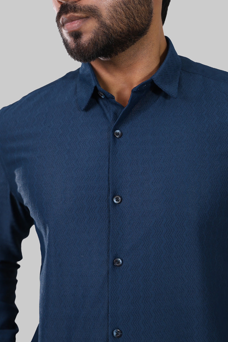 Navy Blue zig zag Textured Full Sleeve Shirt