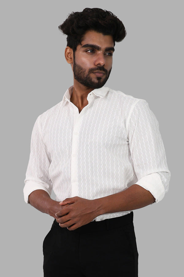 White zig zag Textured Full Sleeve Shirt