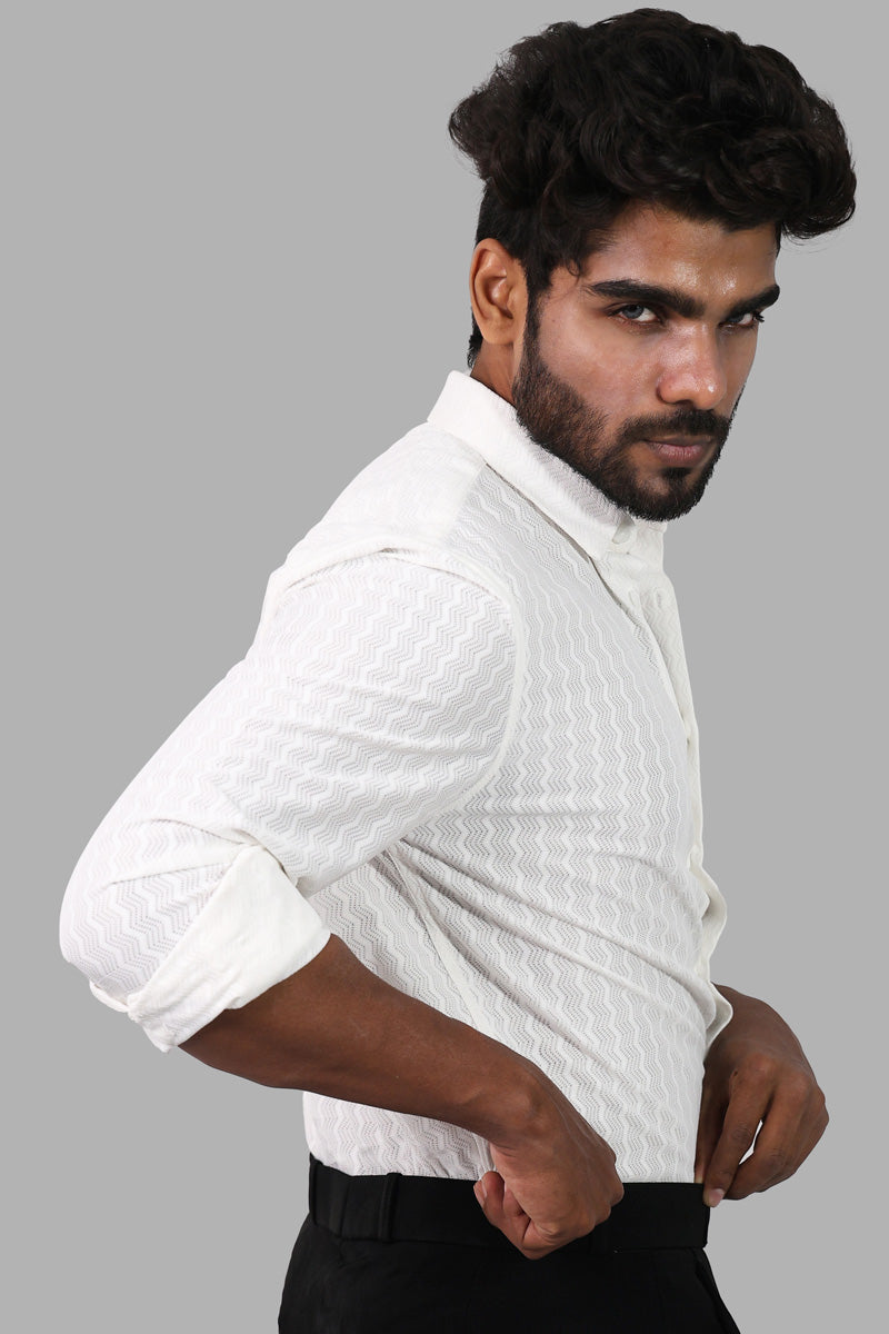 White zig zag Textured Full Sleeve Shirt