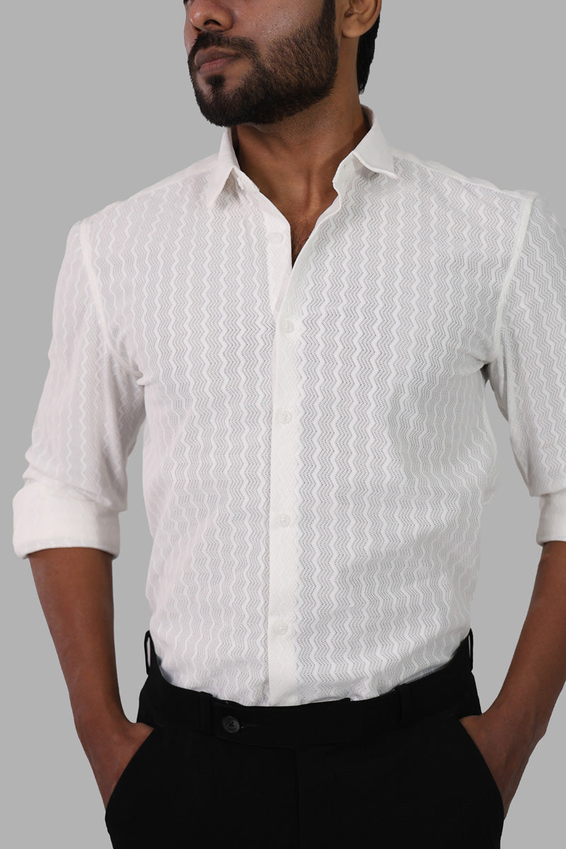 White zig zag Textured Full Sleeve Shirt