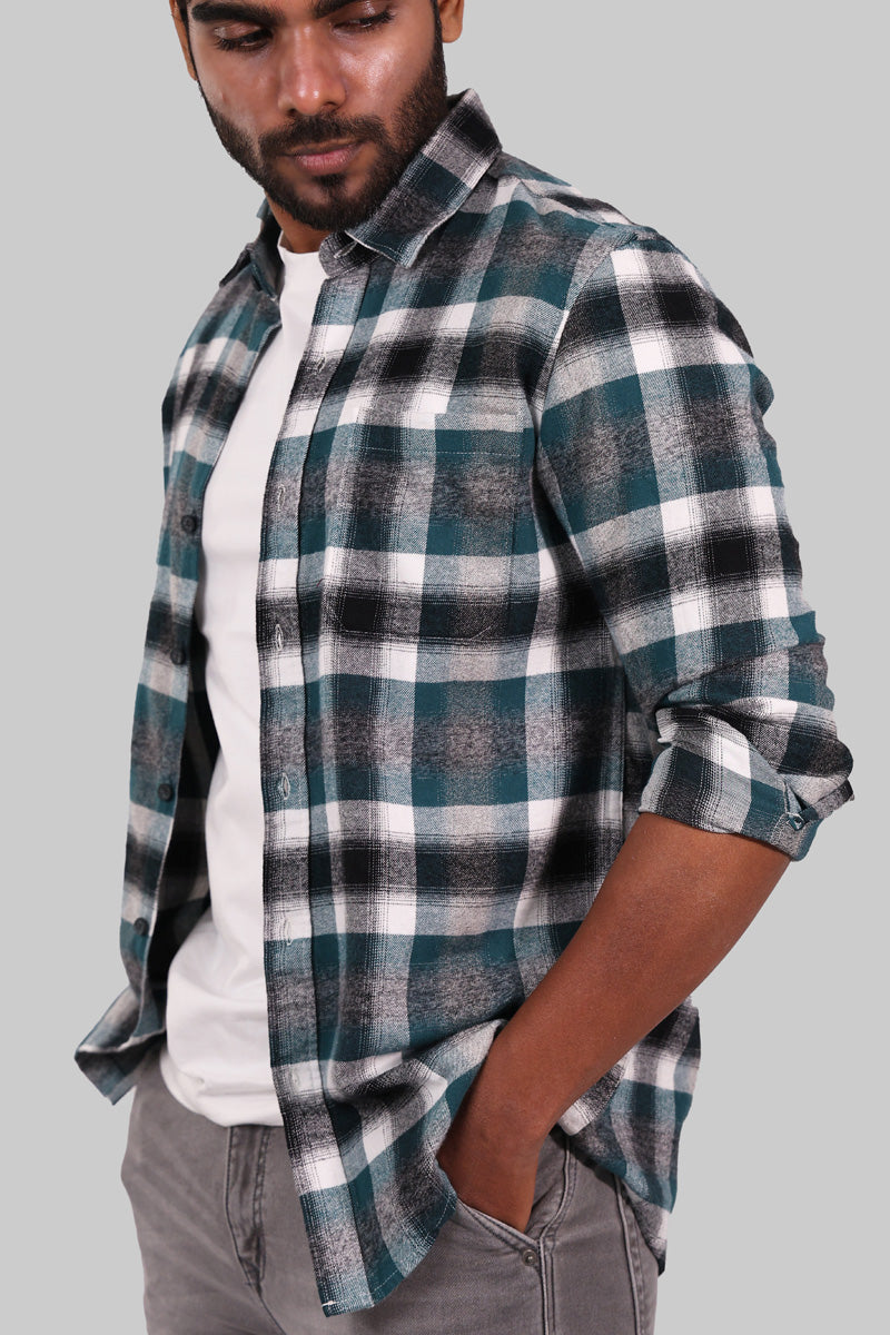 Teal & White Plaid Flannel Shirt