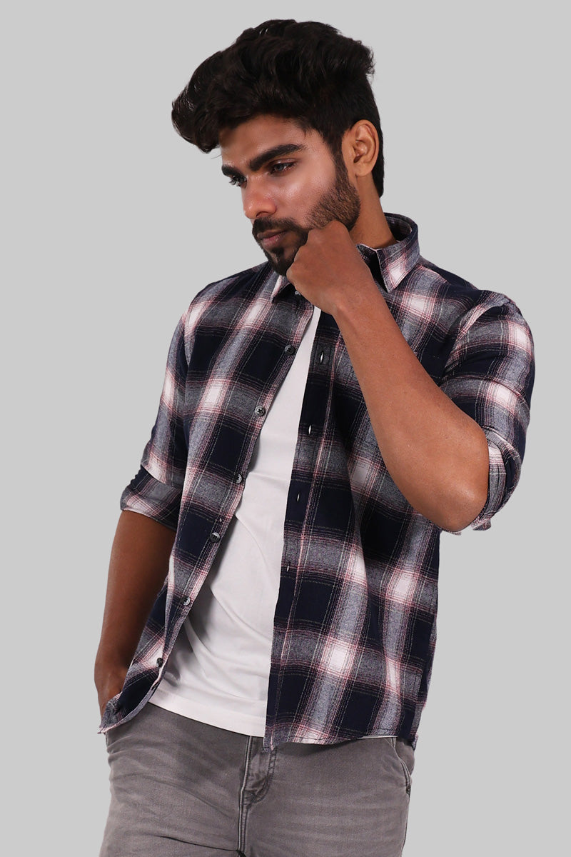 Navy Blue & White Checked Full Sleeve Shirt