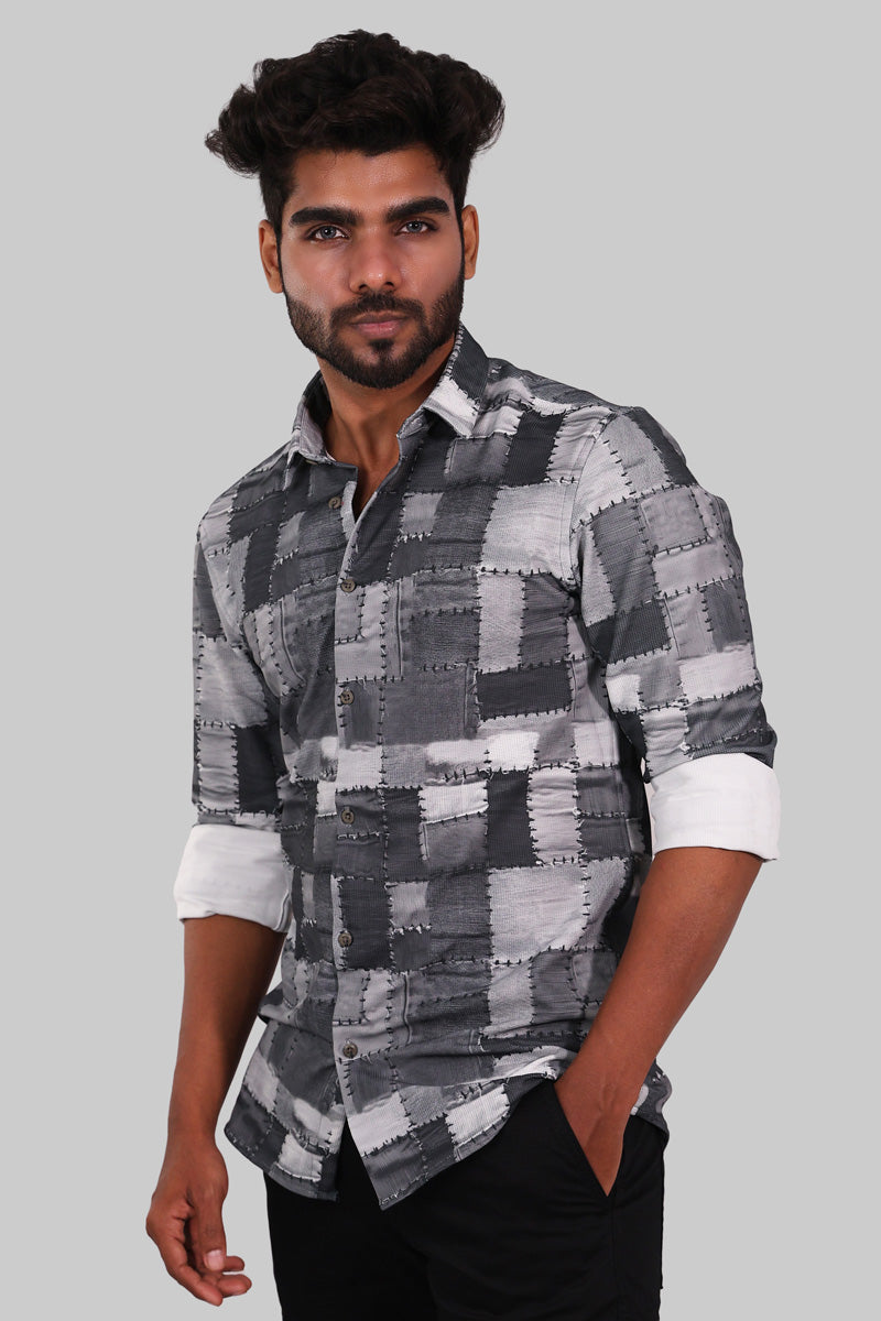 Black & White Patchwork Print Full Sleeve Shirt