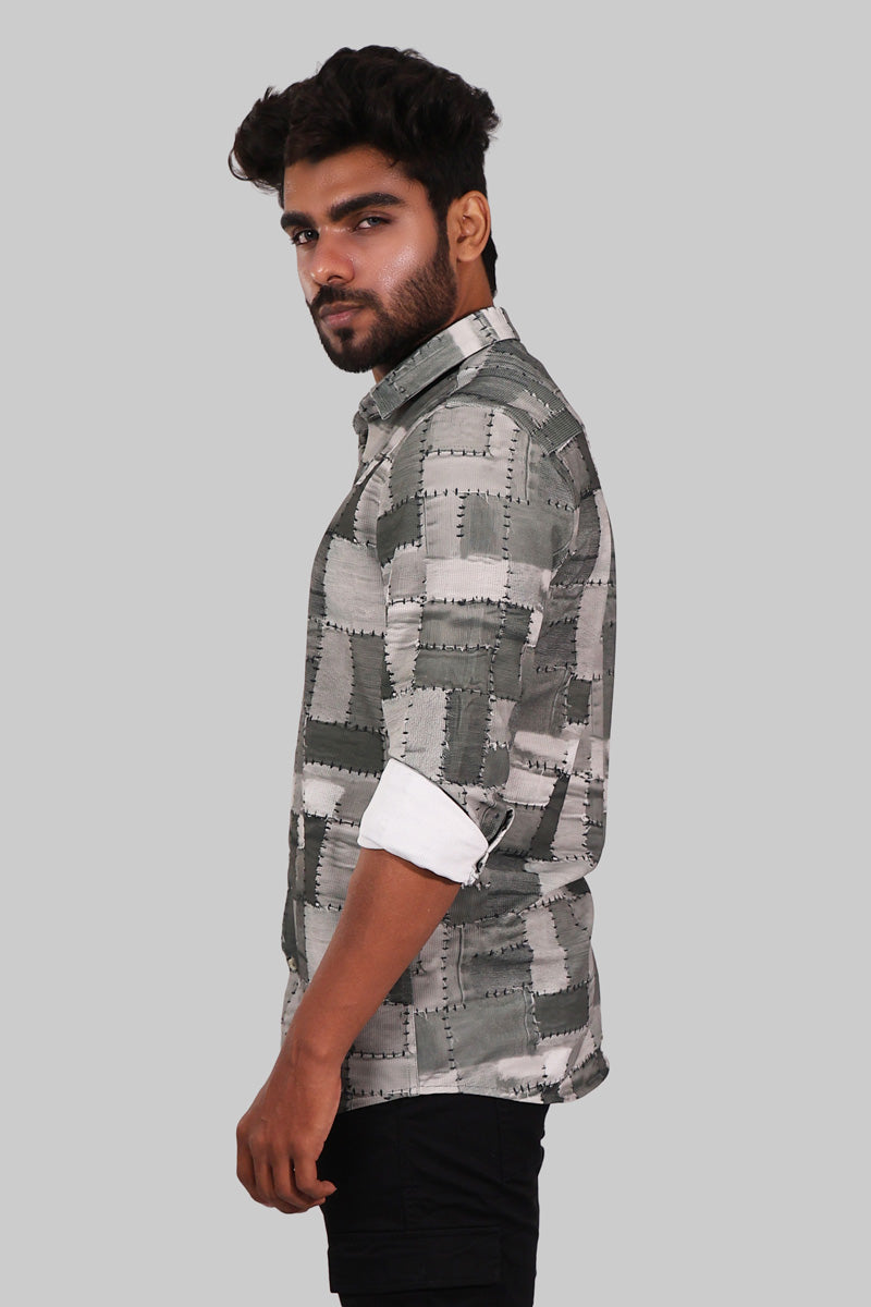 Olive Green & Grey Patchwork Full Sleeve Shirt