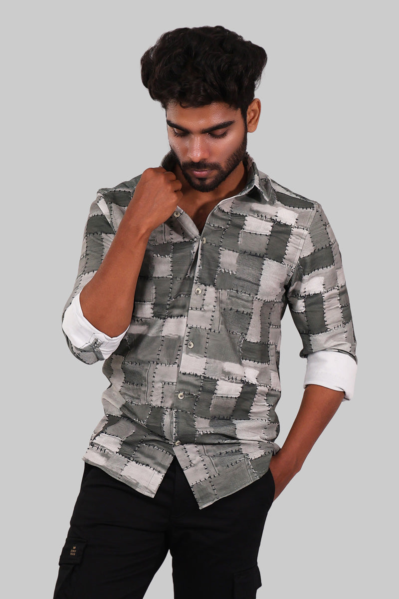 Olive Green & Grey Patchwork Full Sleeve Shirt
