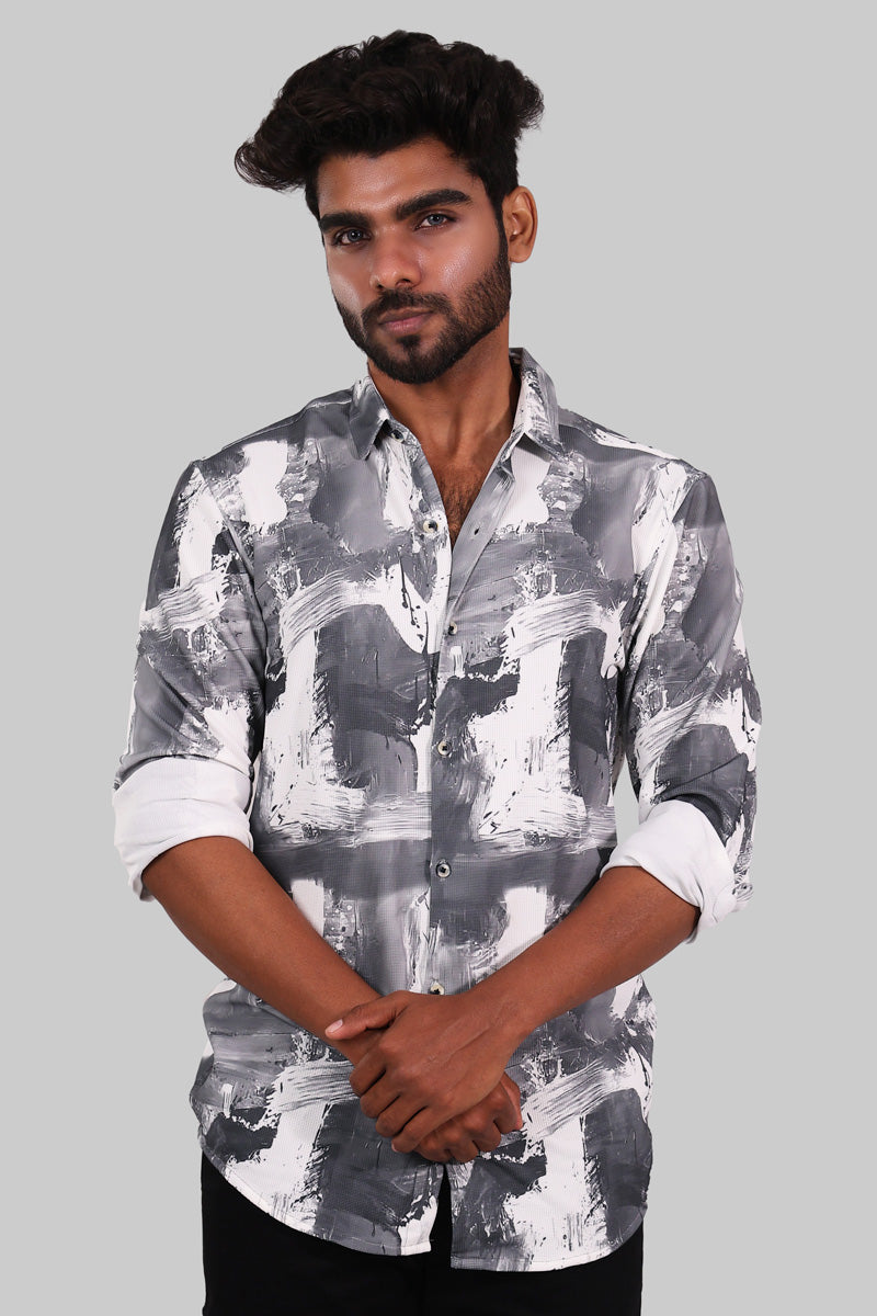 Grey & White Abstract Print Full Sleeve Shirt