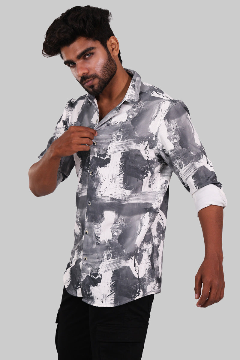 Grey & White Abstract Print Full Sleeve Shirt