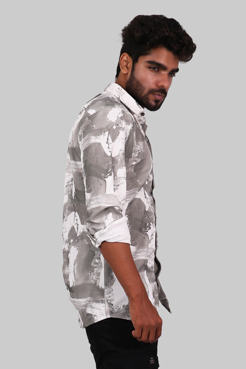 Grey & White Brushstroke Print Full Sleeve Shirt