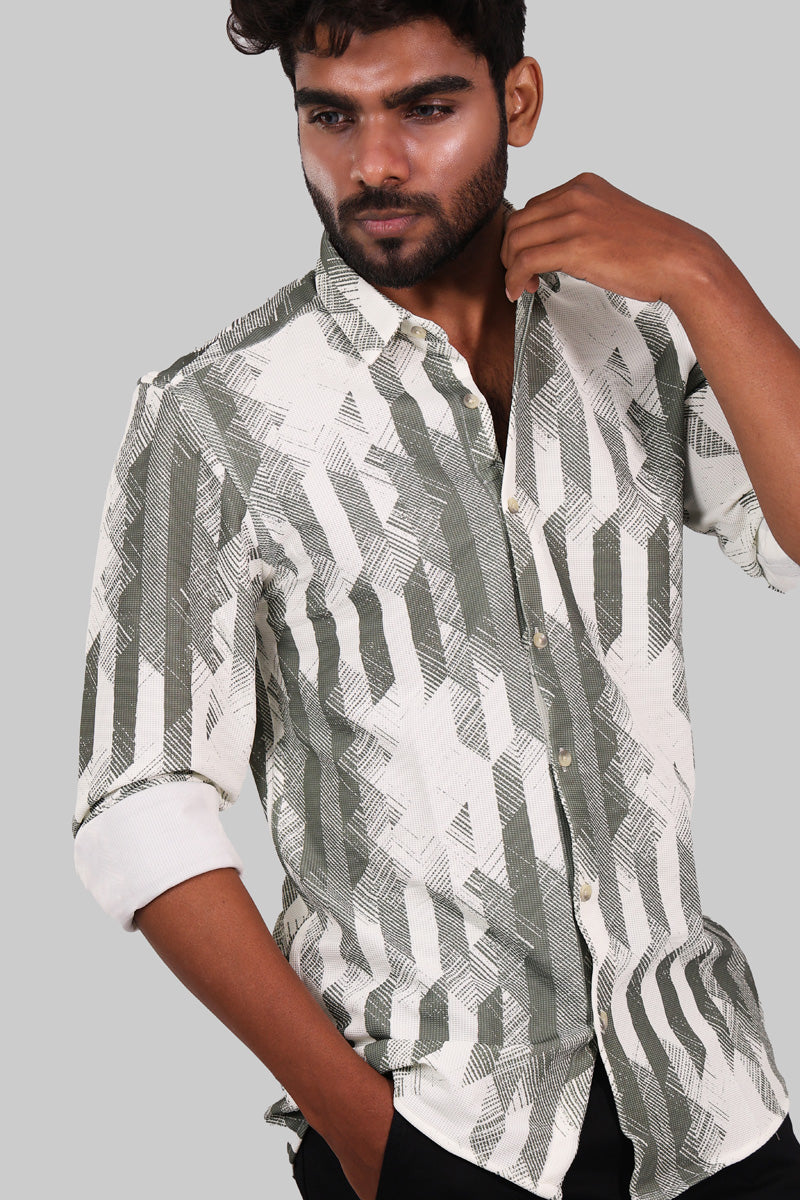 Olive Green & White Diagonal Stripe Full Sleeve Shirt