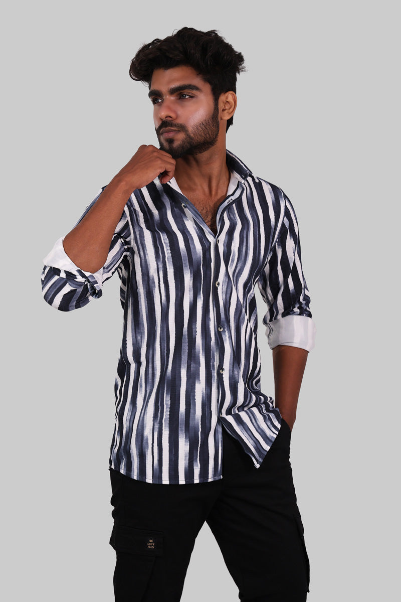 Navy Blue & White Brushstroke Stripe Full Sleeve Shirt