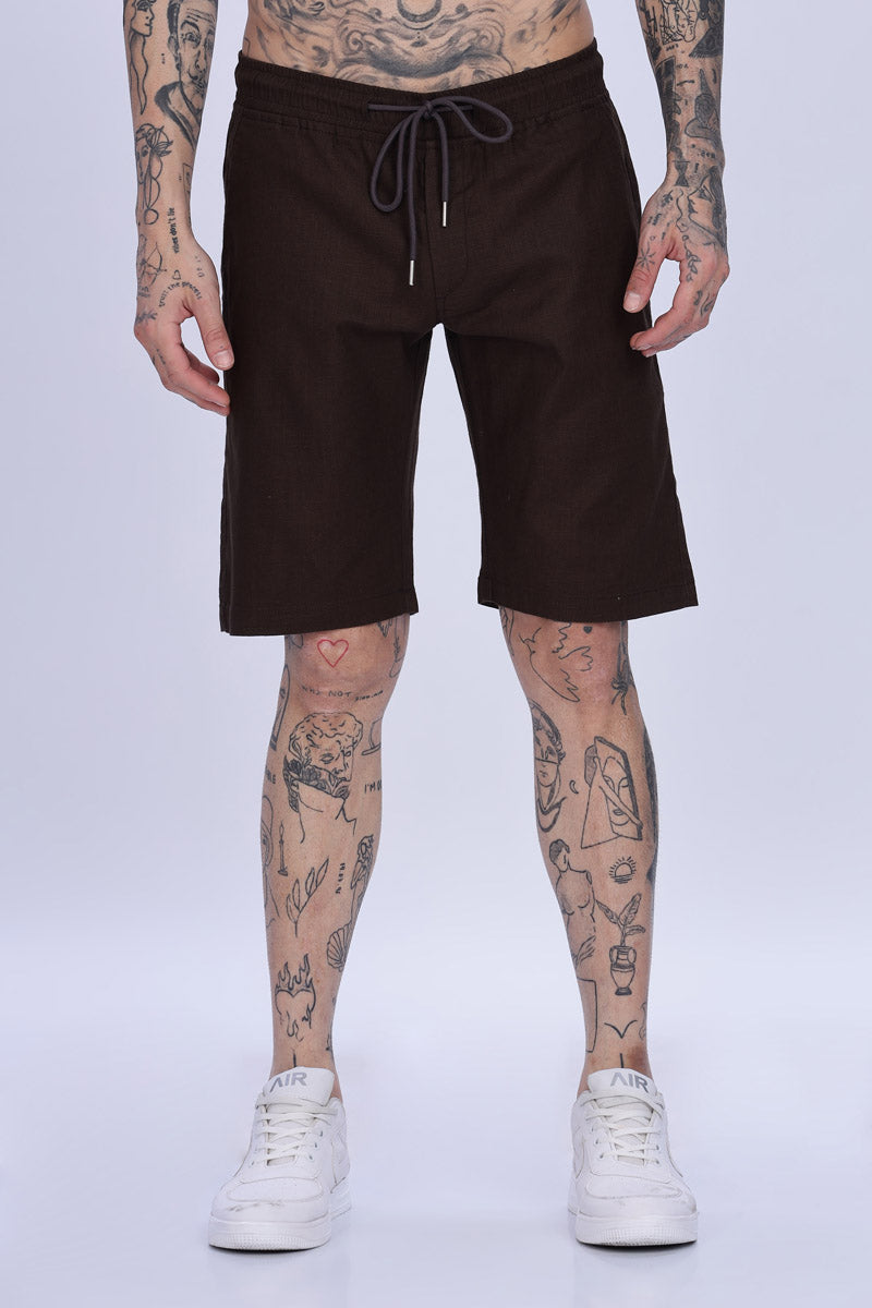 Reddish Brown Relaxed Fit Plain Shorts