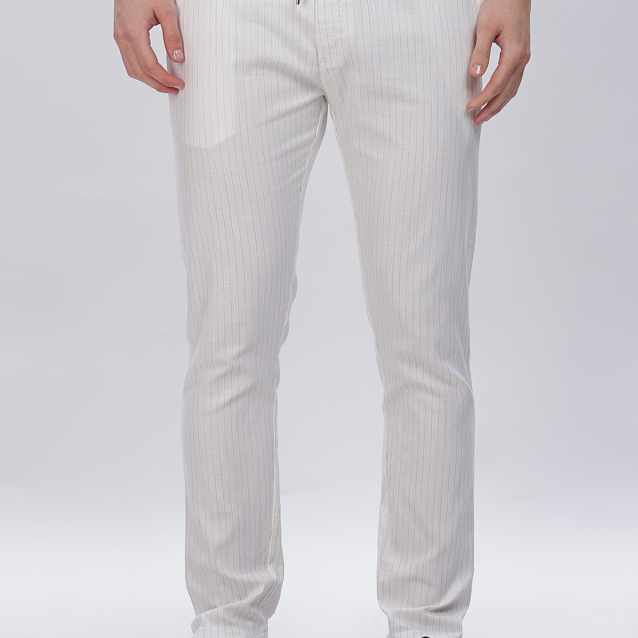 White Pinstriped Trouser Pants with Drawstring Waist