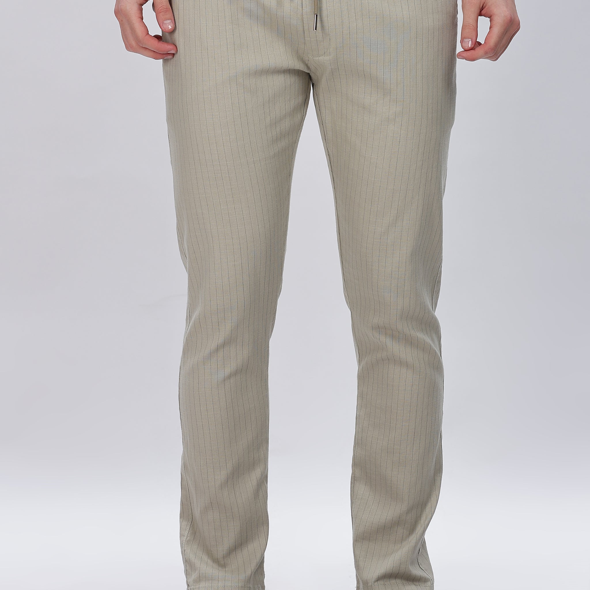 Light Green Pinstriped Trouser Pants with Drawstring Waist