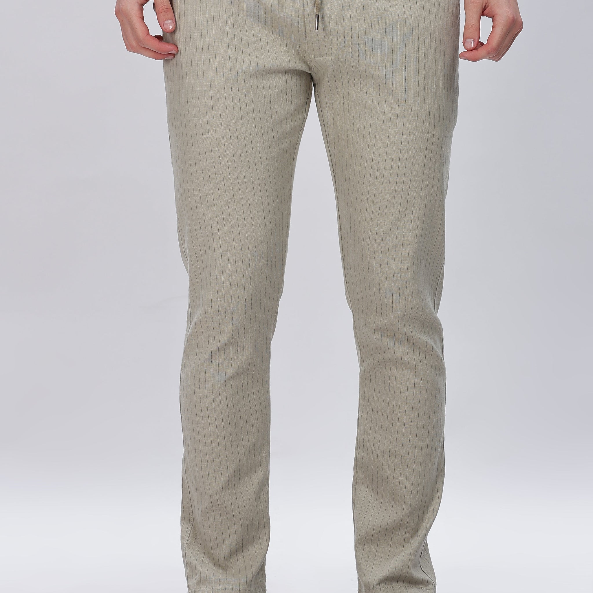 Olive Green Pinstriped Trouser Pants with Drawstring Waist