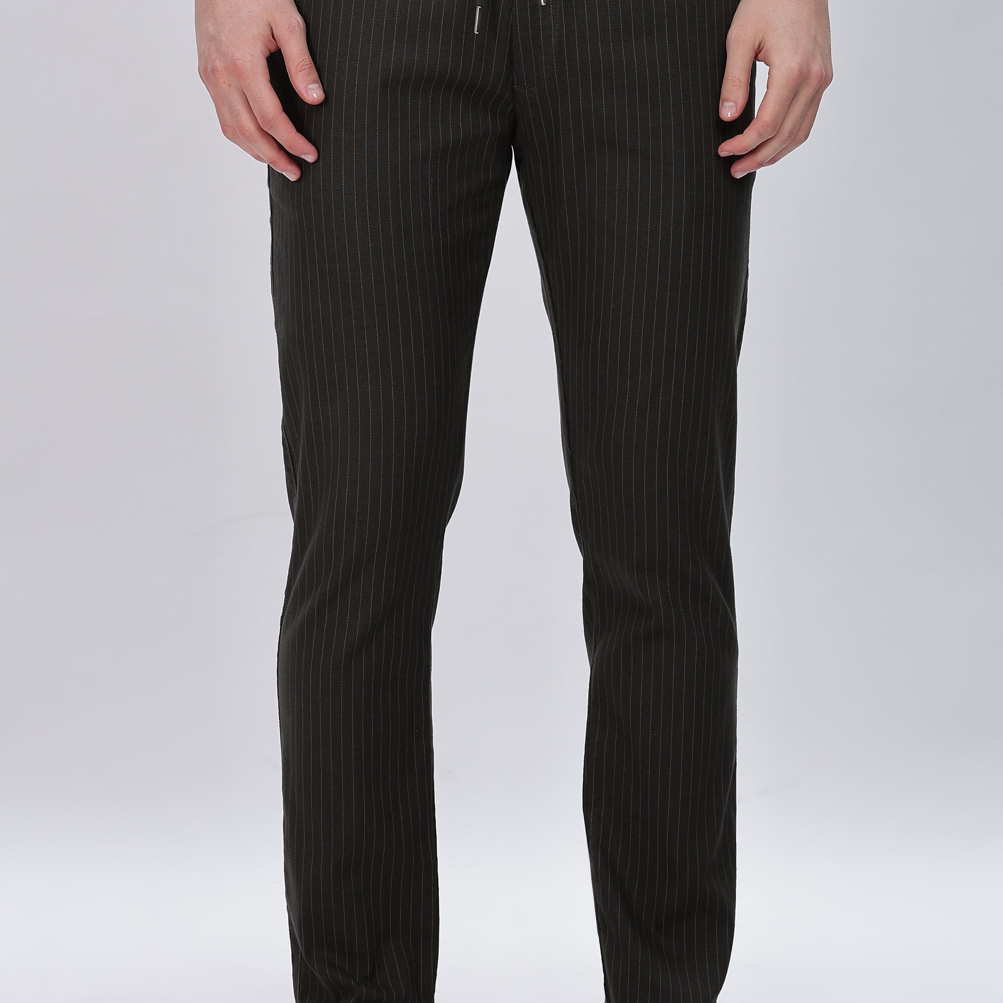 Black Pinstriped Trouser Pants with Drawstring Waist