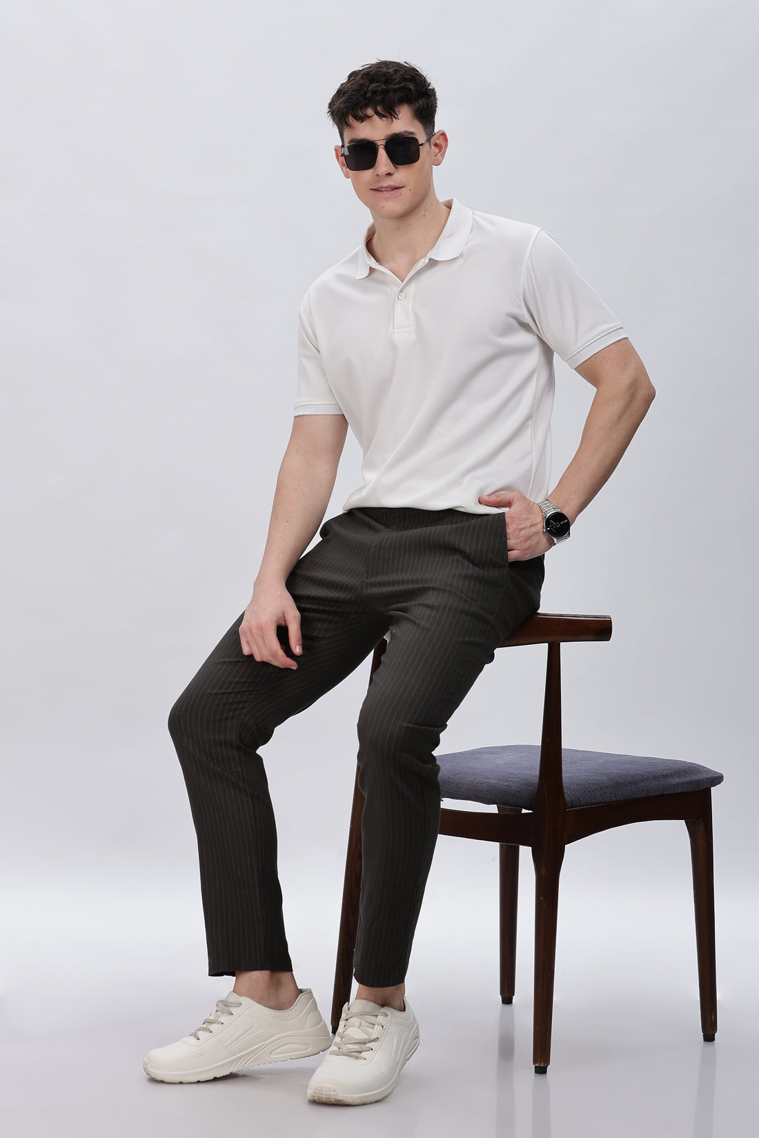 Black Pinstriped Trouser Pants with Drawstring Waist
