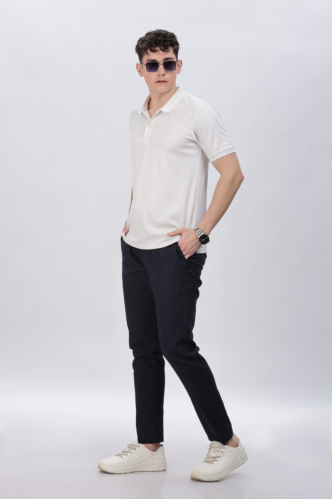 Navy Pinstriped Trouser Pants with Elastic Drawstring Waist
