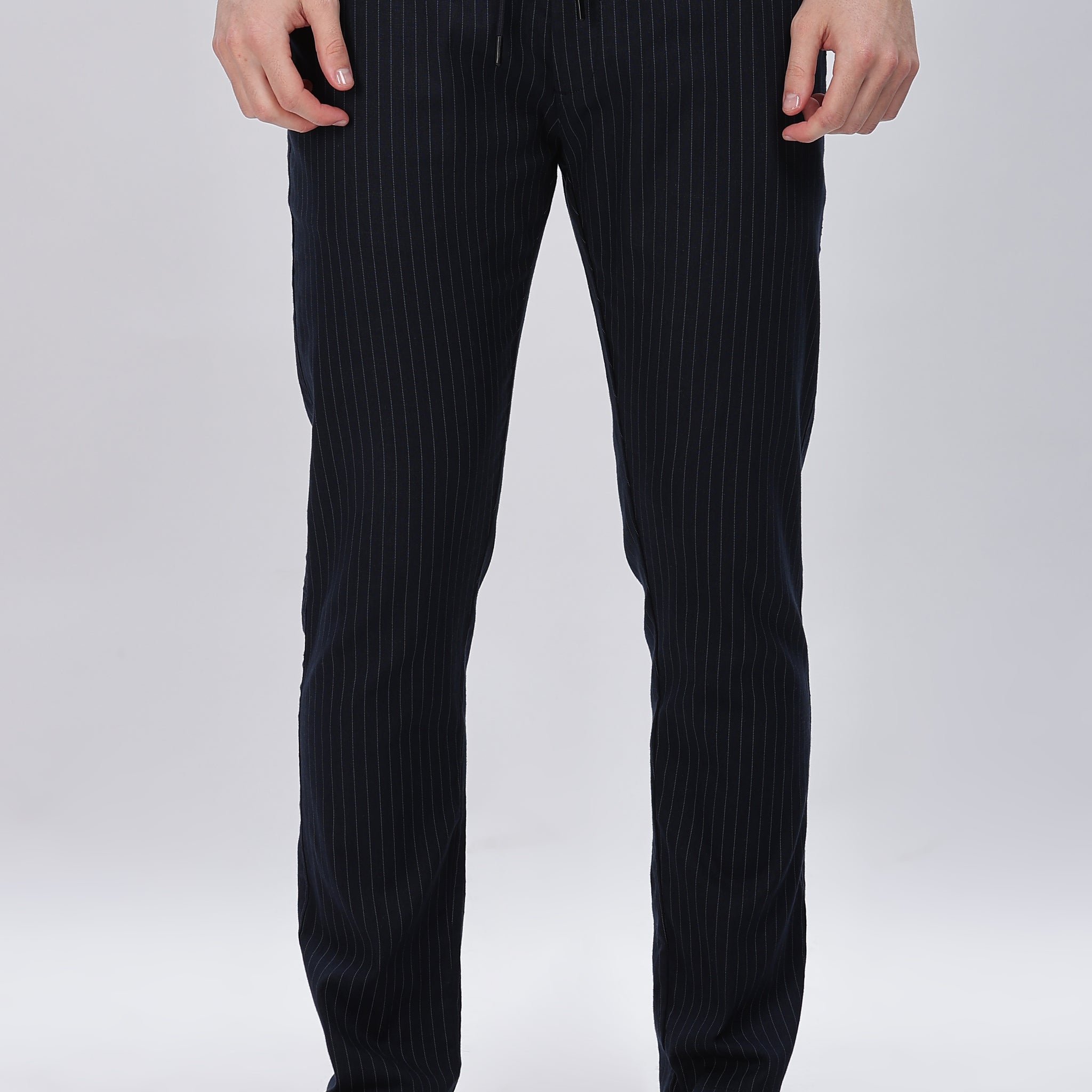 Navy Pinstriped Trouser Pants with Elastic Drawstring Waist
